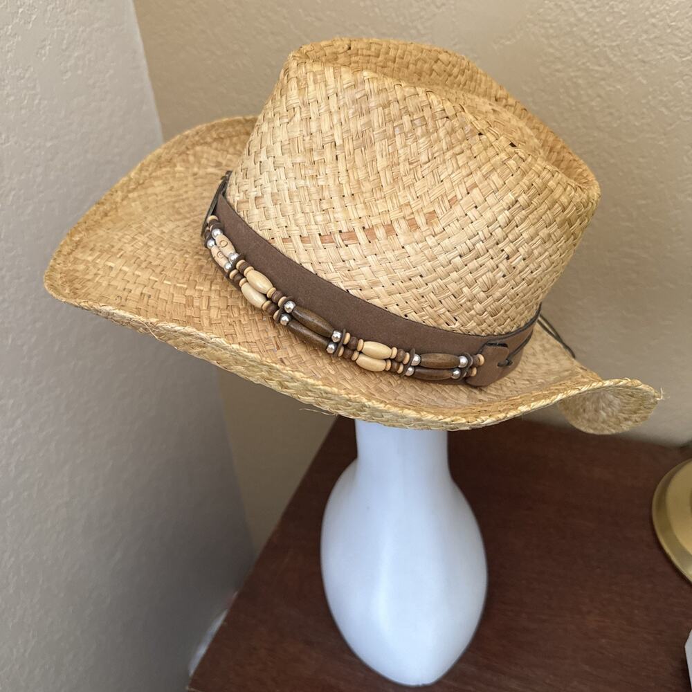 Henschel Hat Co Straw Cowboy Hat Medium With Leather And Beads Hatband Made USA - Picture 3 of 14